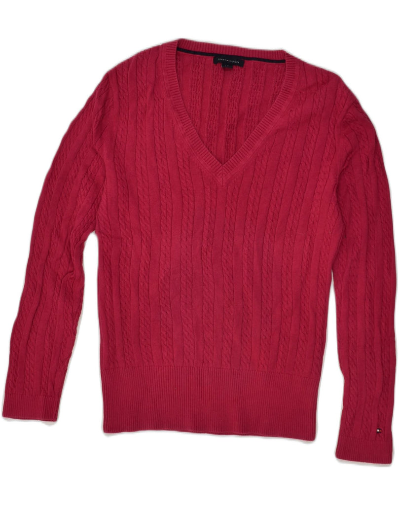 TOMMY HILFIGER Womens V-Neck Jumper Sweater UK 14 Large Red Cotton | Vintage Tommy Hilfiger | Thrift | Second-Hand Tommy Hilfiger | Used Clothing | Messina Hembry 