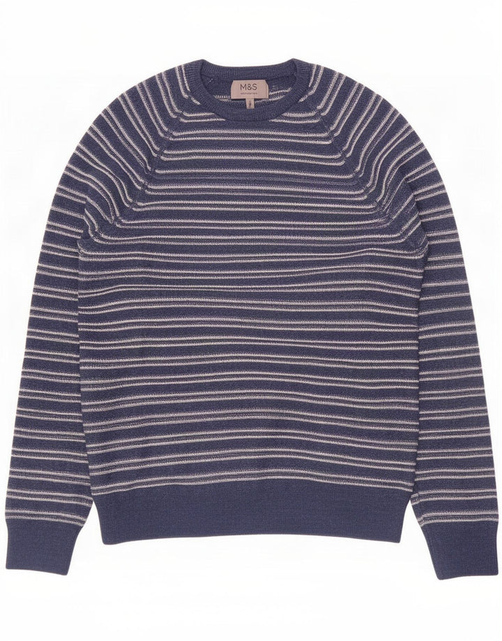 Marks & Spencer Mens Crew Neck Jumper Sweater Medium Navy Blue Striped