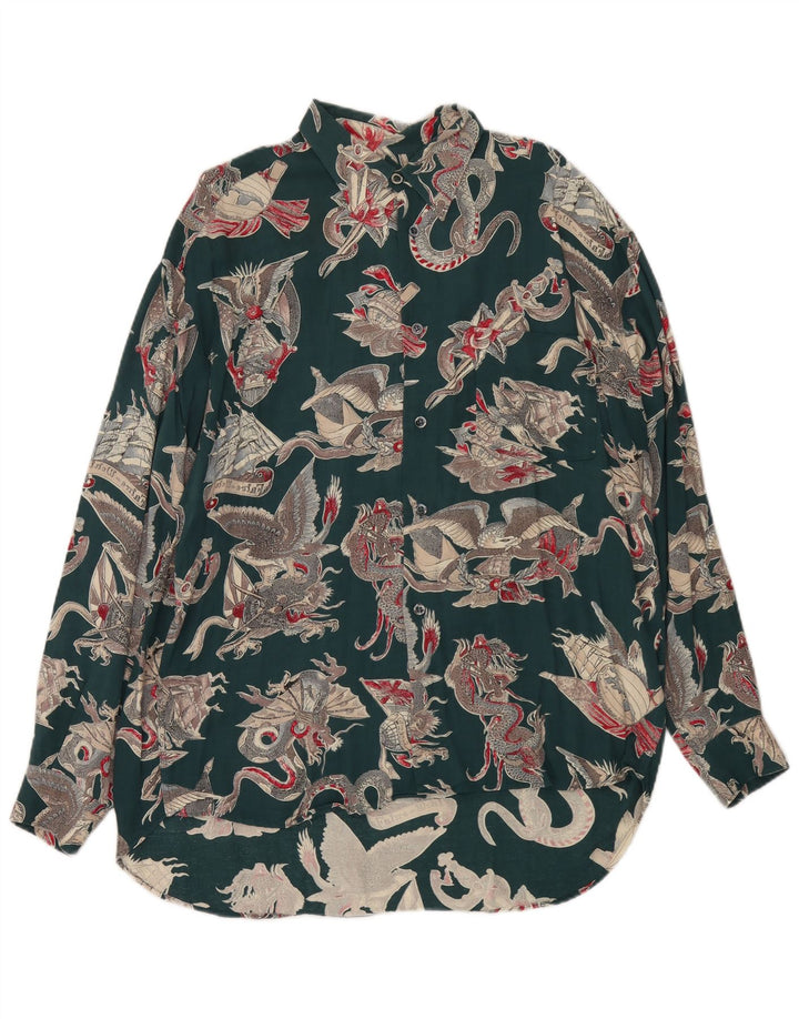 Vintage Mens Abstract Pattern Shirt Large Green Viscose