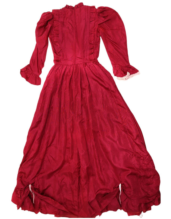 VINTAGE Womens Ruffle Front Princess Dress UK 10 Small Burgundy