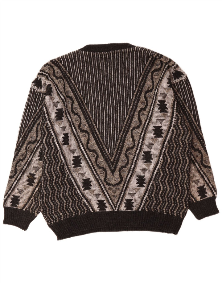 Vintage Mens V-Neck Jumper Sweater Large Grey Geometric