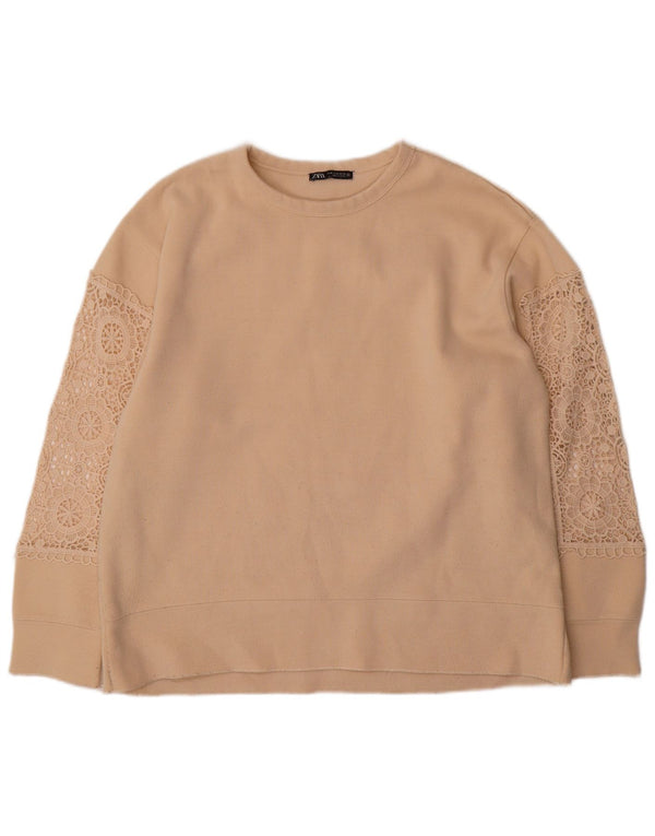 Zara Womens Oversized Sweatshirt Jumper UK 14 Medium Beige Floral Cotton