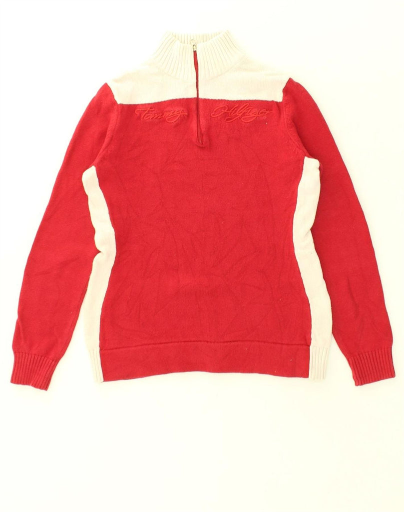 TOMMY HILFIGER Womens Graphic Zip Neck Jumper Sweater UK 10 Small Red | Vintage Tommy Hilfiger | Thrift | Second-Hand Tommy Hilfiger | Used Clothing | Messina Hembry 