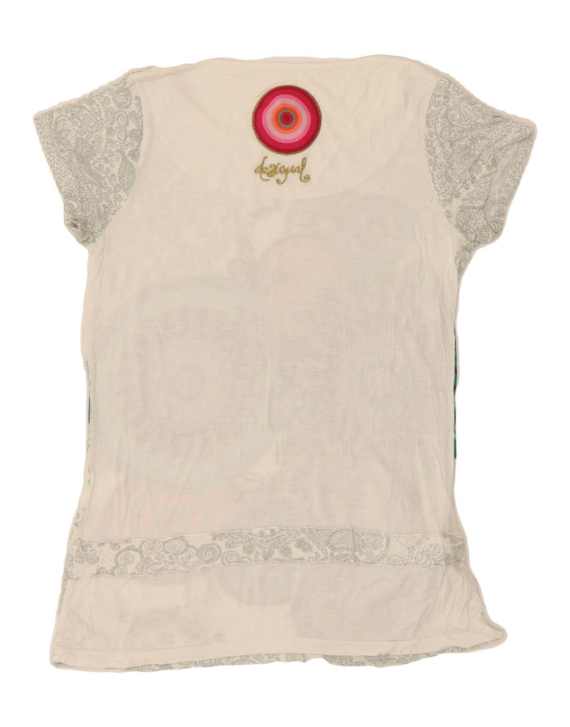 DESIGUAL Womens Graphic T-Shirt Top UK 6 XS Off White Floral Butterfly Vintage Desigual and Second-Hand Desigual from Messina Hembry 