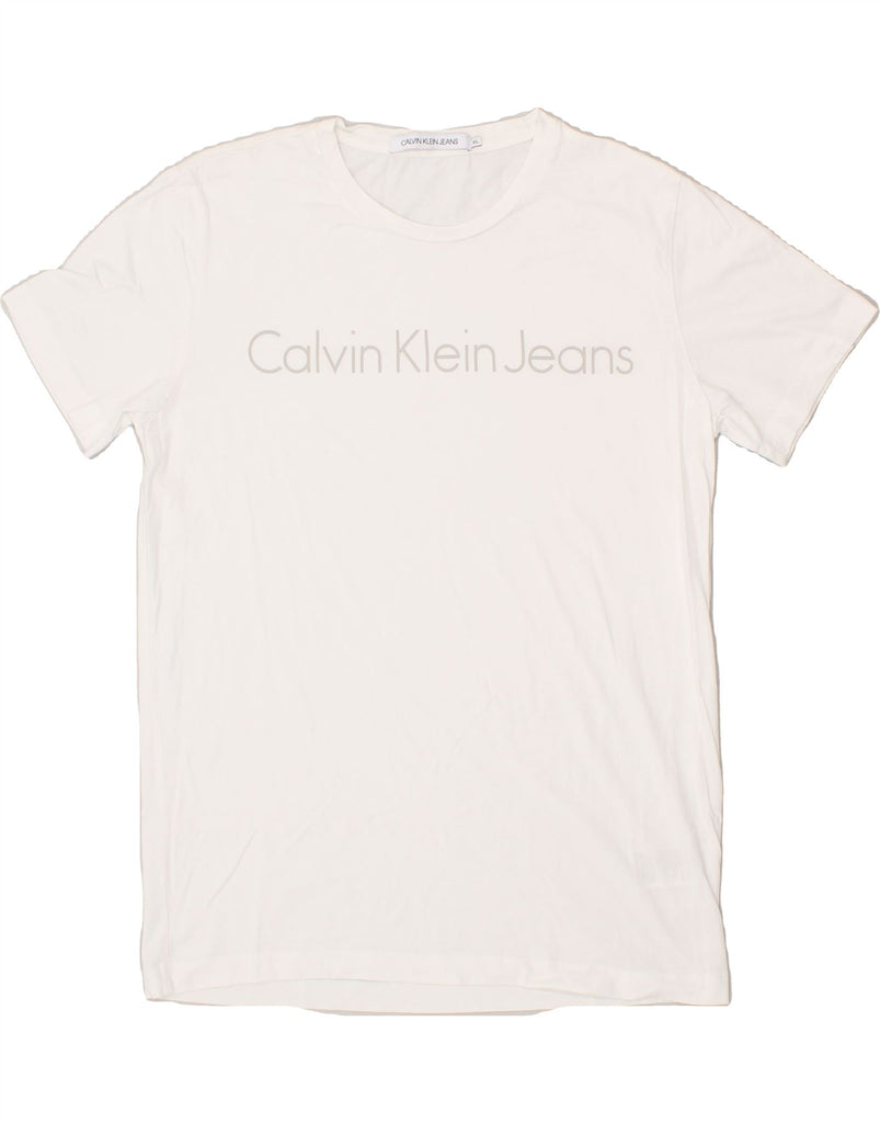 CALVIN KLEIN JEANS Mens Slim Graphic T-Shirt Top XL White Cotton | Vintage Calvin Klein Jeans | Thrift | Second-Hand Calvin Klein Jeans | Used Clothing | Messina Hembry 