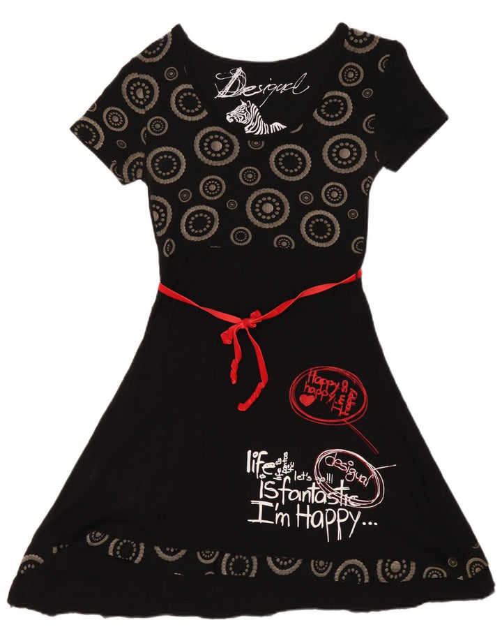 Desigual Womens Graphic A-Line Dress UK 12 Medium Black Geometric