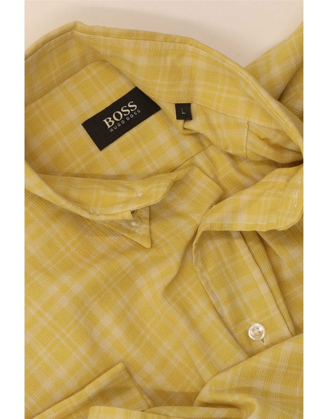 Hugo Boss Mens Short Sleeve Shirt Large Yellow Check Cotton