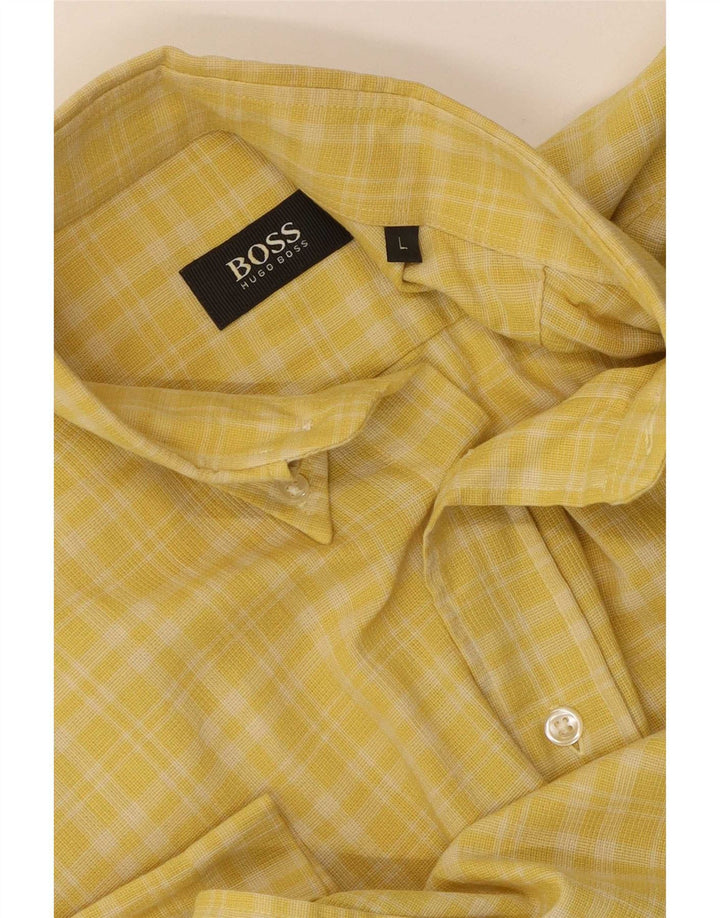 Hugo Boss Mens Short Sleeve Shirt Large Yellow Check Cotton