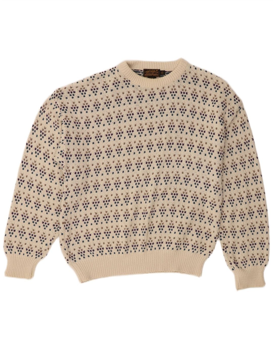 Eddie Bauer Mens Crew Neck Jumper Sweater Large Off White Spotted Cotton