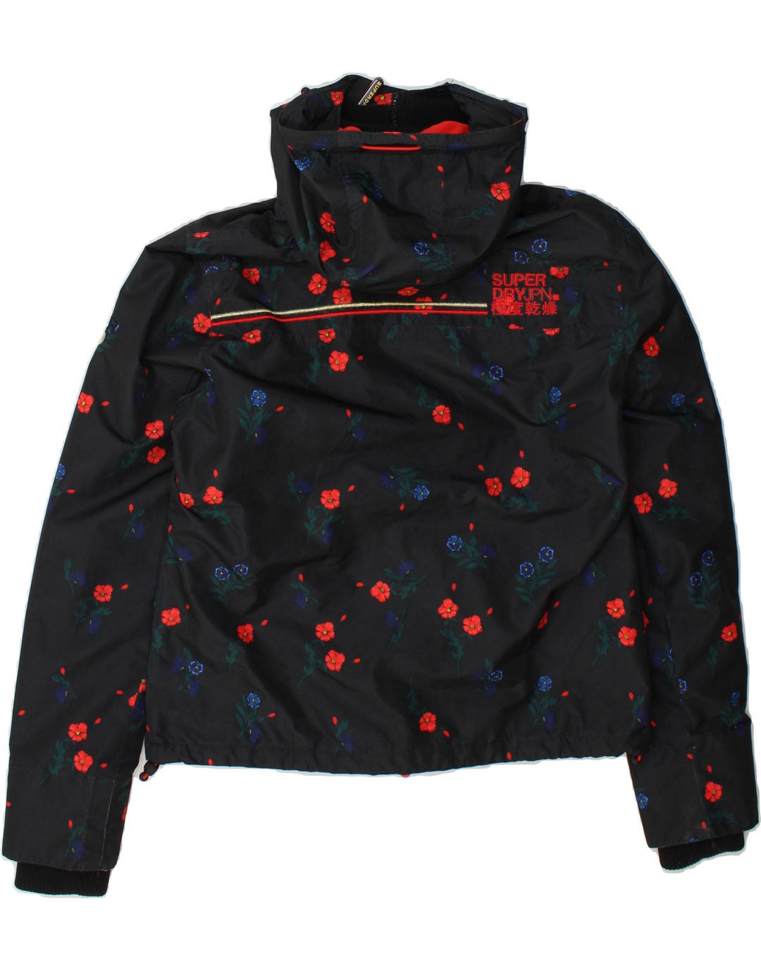 SUPERDRY Womens Hooded Windbreaker Jacket UK 12 Medium Black Floral Vintage Superdry and Second-Hand Superdry from Messina Hembry 