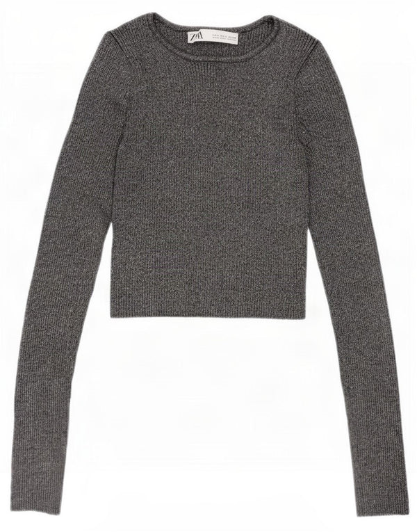 Zara Womens Crop Blouse Top UK 8 Small Silver Flecked Viscose