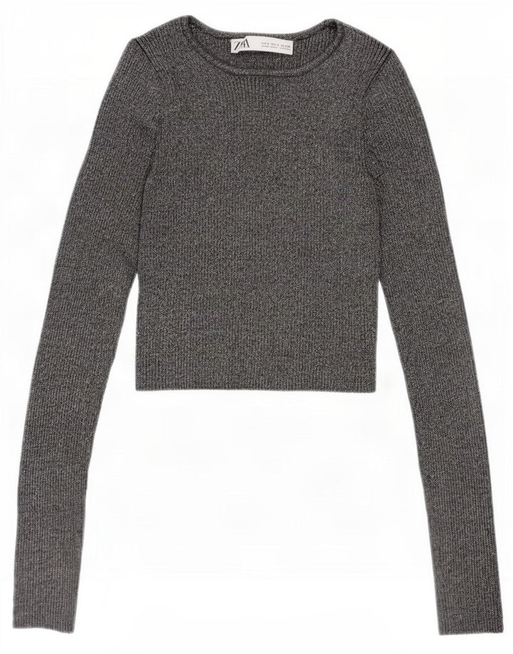 Zara Womens Crop Blouse Top UK 8 Small Silver Flecked Viscose