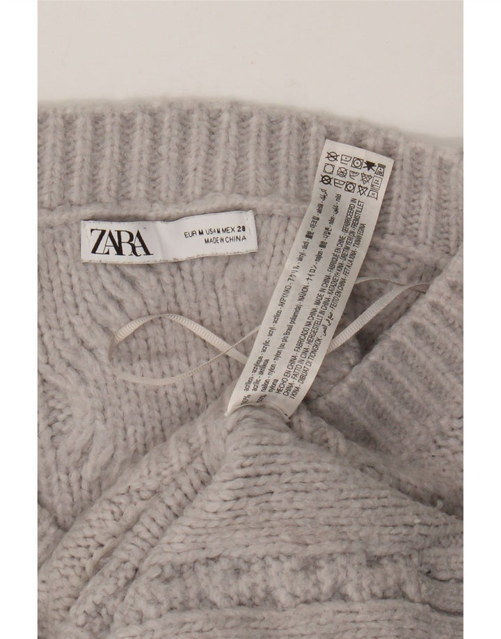 Zara Womens Crop Oversized V-Neck Jumper Sweater UK 14 Medium Grey Acrylic