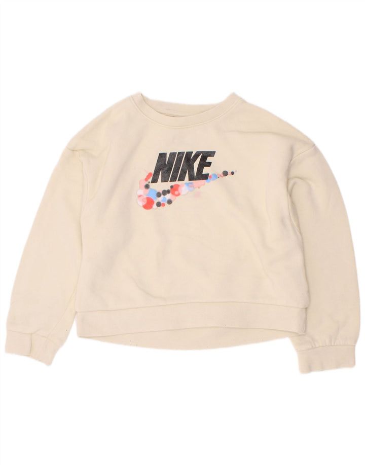 Nike Girls Graphic Sweatshirt Jumper 5-6 Years Medium Beige Cotton
