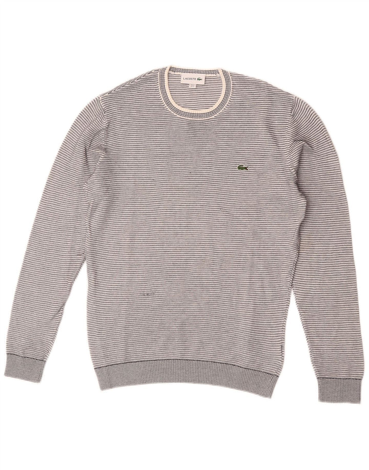 Lacoste Mens Crew Neck Jumper Sweater Size 3 Small Grey Striped Cotton