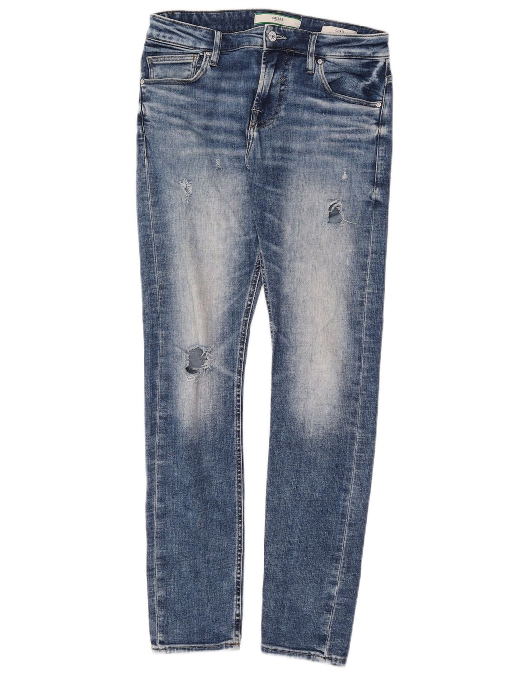 Guess Womens Chris Distressed Slim Jeans W30 L32 Blue Cotton