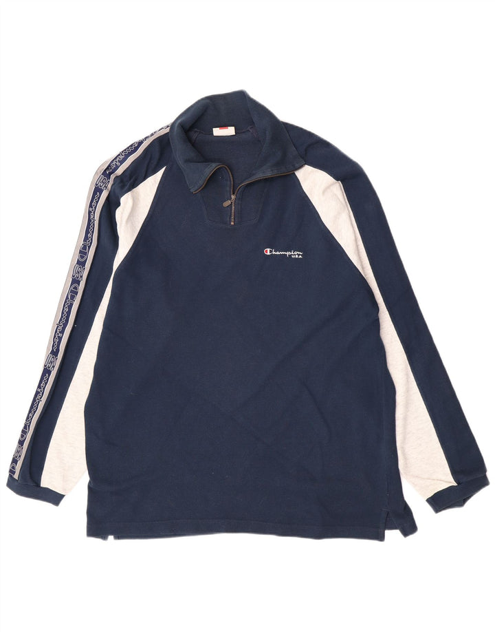 Champion Mens Zip Neck Graphic Top Long Sleeve Large Navy Blue Colourblock