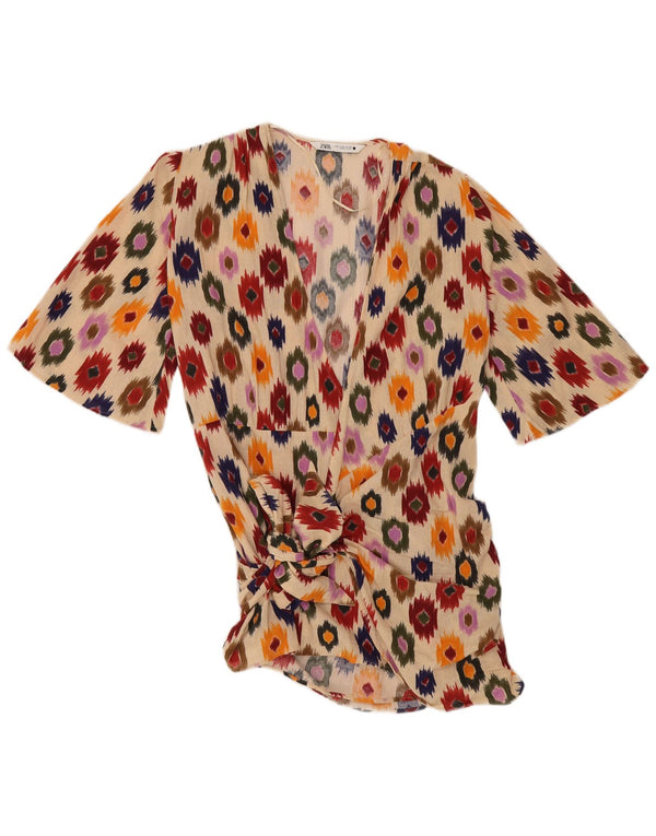 Zara Womens Front Tie Tunic Top UK 14 Medium Beige Ikat Cotton