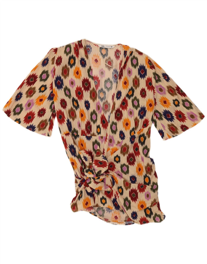 Zara Womens Front Tie Tunic Top UK 14 Medium Beige Ikat Cotton