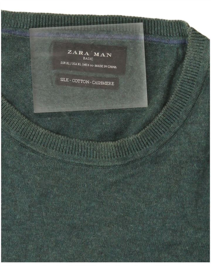 Zara Mens Crew Neck Jumper Sweater XL Green Silk