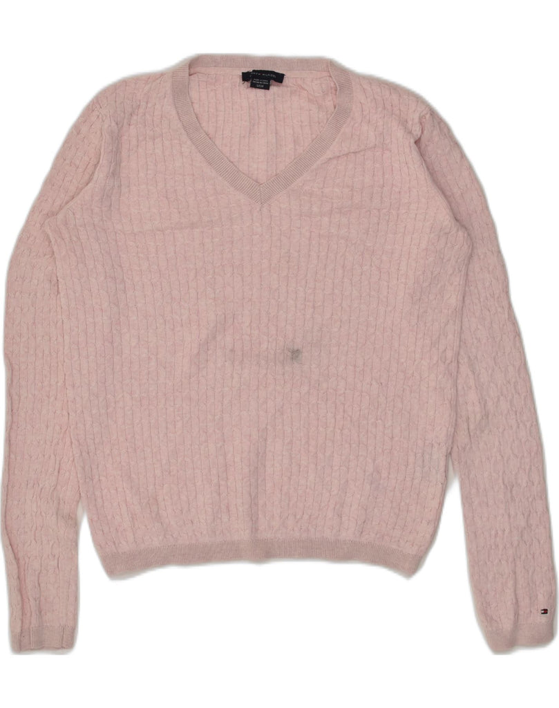 TOMMY HILFIGER Womens V-Neck Jumper Sweater UK 10 Small Pink Cotton | Vintage Tommy Hilfiger | Thrift | Second-Hand Tommy Hilfiger | Used Clothing | Messina Hembry 