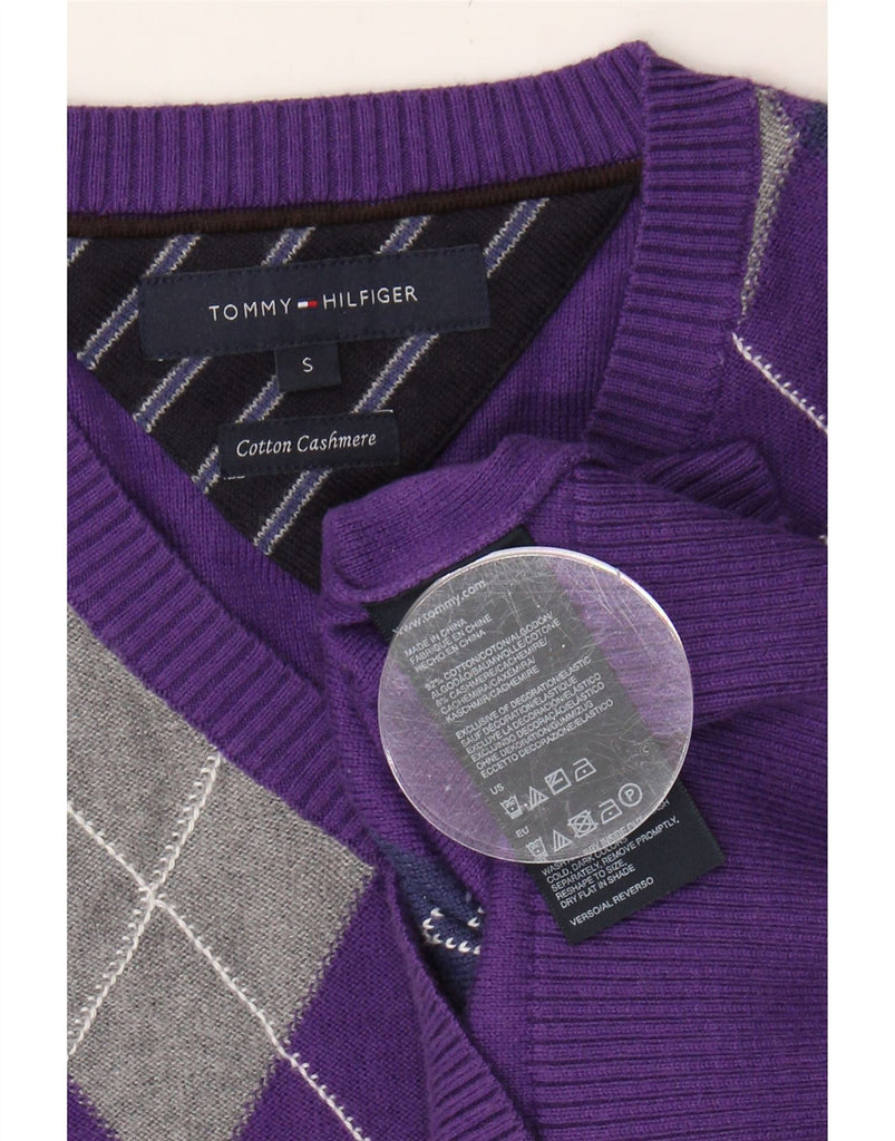TOMMY HILFIGER Mens V-Neck Jumper Sweater Small Purple Argyle/Diamond Vintage Tommy Hilfiger and Second-Hand Tommy Hilfiger from Messina Hembry 