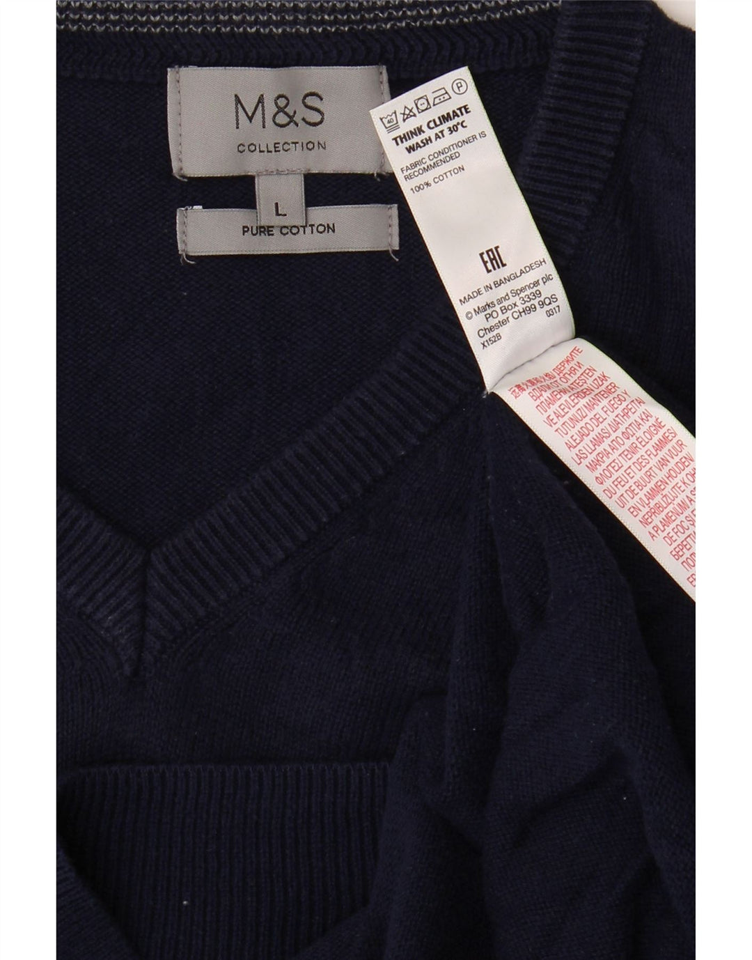 Marks & Spencer Mens V-Neck Jumper Sweater Large Navy Blue Cotton