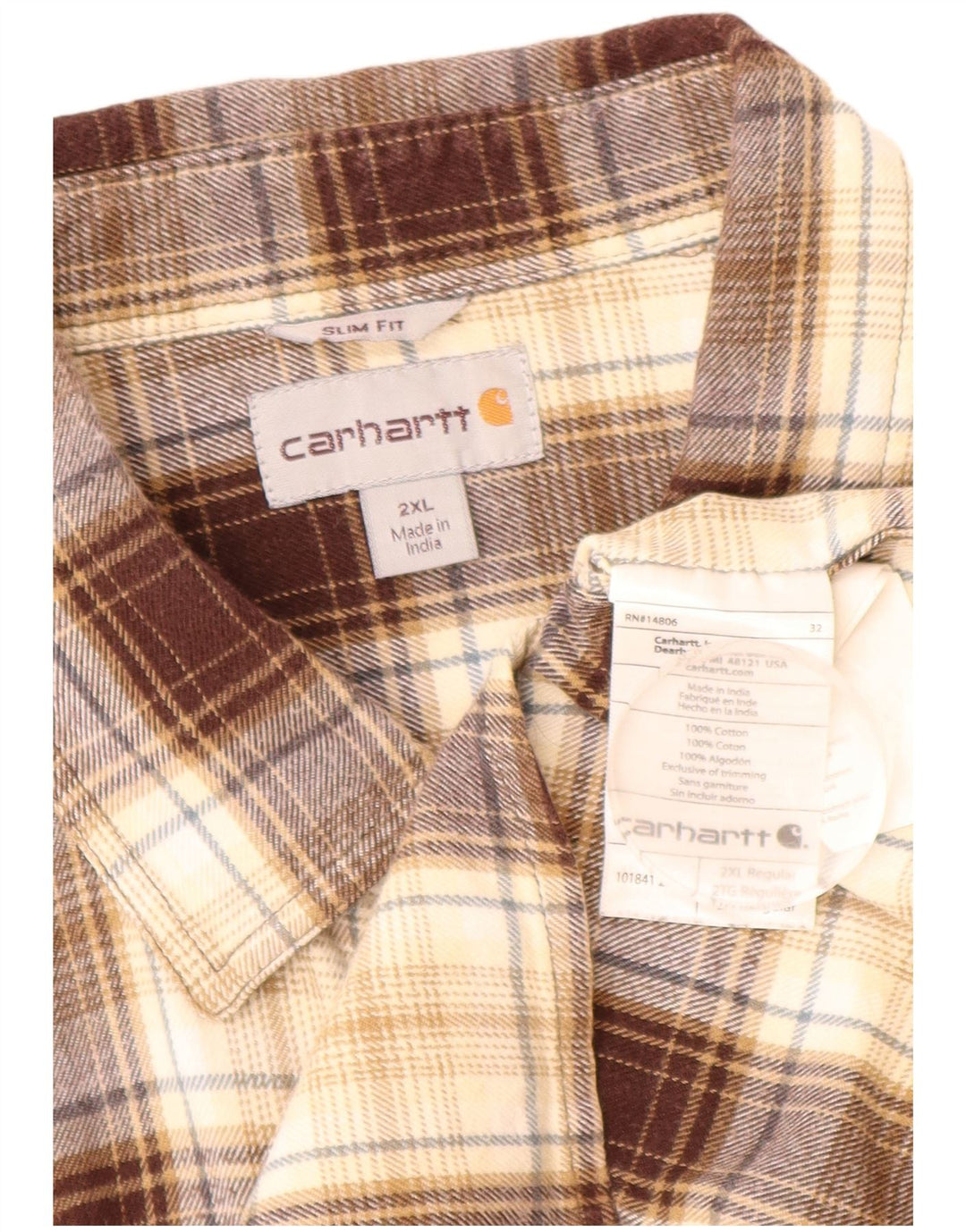 CARHARTT Mens Slim Fit Flannel Shirt 2XL Brown Check Cotton