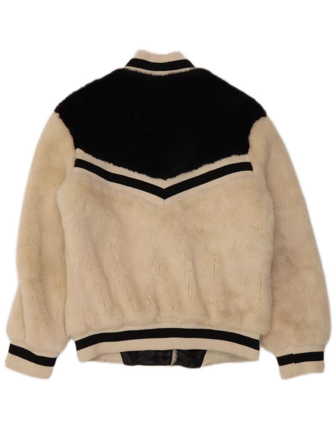 GUESS Womens Faux Fur Bomber Jacket UK 14 Medium Beige Colourblock Acrylic