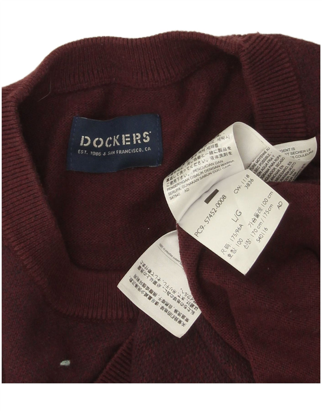 Dockers Mens Crew Neck Jumper Sweater Large Burgundy Cotton