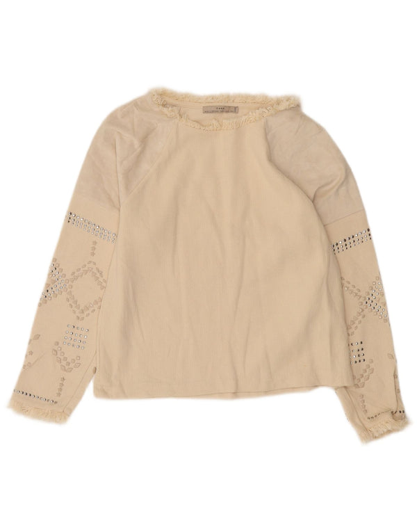 Zara Womens Long Sleeve Blouse Top UK 10 Small Off White Geometric Cotton