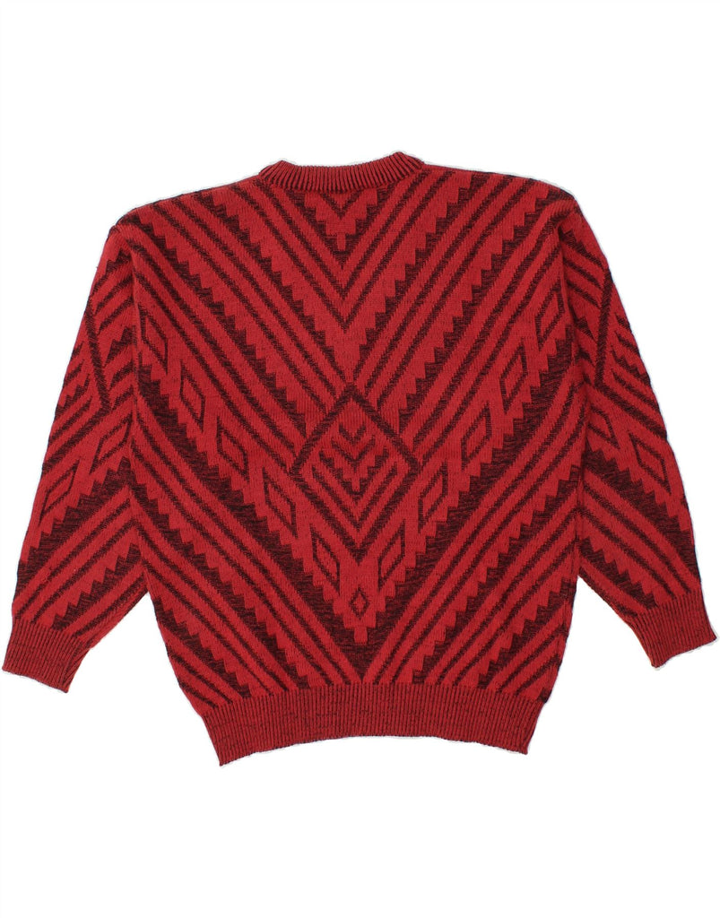 VINTAGE Mens V-Neck Jumper Sweater UK 38/40 Medium Red Geometric Acrylic | Vintage Vintage | Thrift | Second-Hand Vintage | Used Clothing | Messina Hembry 