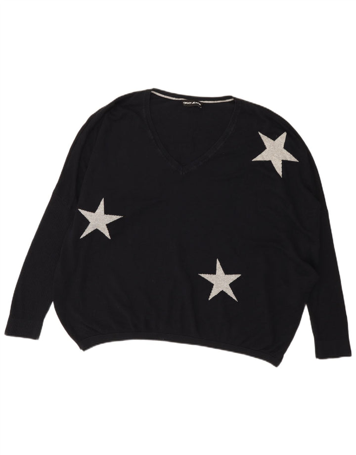 Dkny Womens Graphic Oversized V-Neck Jumper Sweater UK 14 Large Black