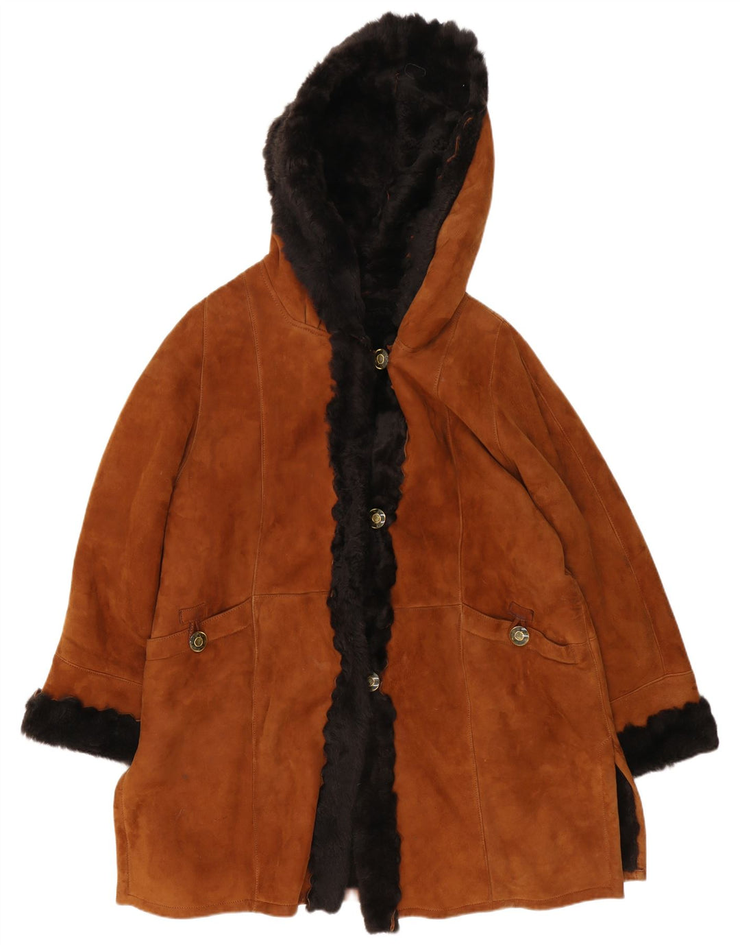 VINTAGE Womens Hooded Oversized Shearling Coat UK 18 XL Brown