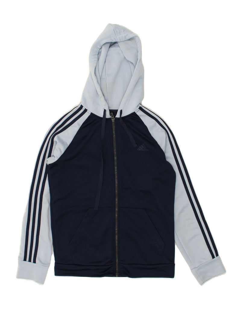 ADIDAS Womens Zip Hoodie Sweater UK 14 Medium Navy Blue Colourblock | Vintage Adidas | Thrift | Second-Hand Adidas | Used Clothing | Messina Hembry 