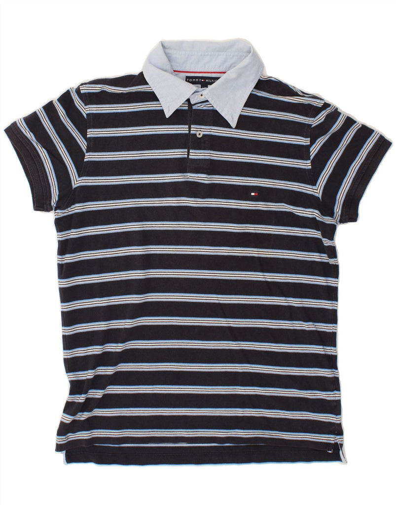 TOMMY HILFIGER Mens Slim Fit Polo Shirt Large Navy Blue Striped Cotton Vintage Tommy Hilfiger and Second-Hand Tommy Hilfiger from Messina Hembry 