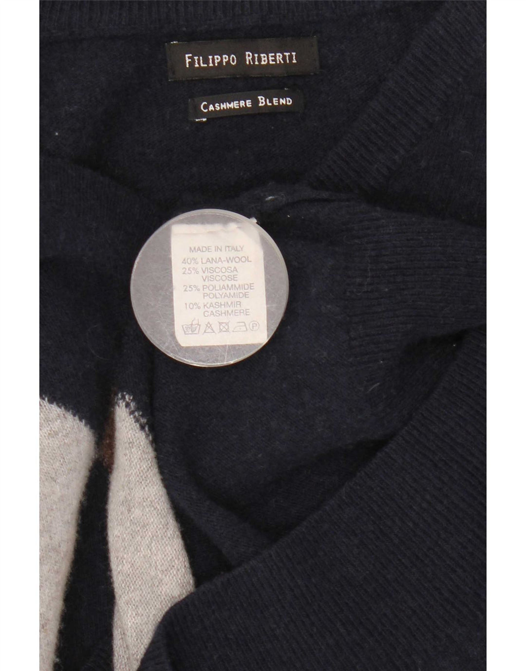 Filippo Riberti Mens V-Neck Jumper Sweater Small Navy Blue Argyle/Diamond