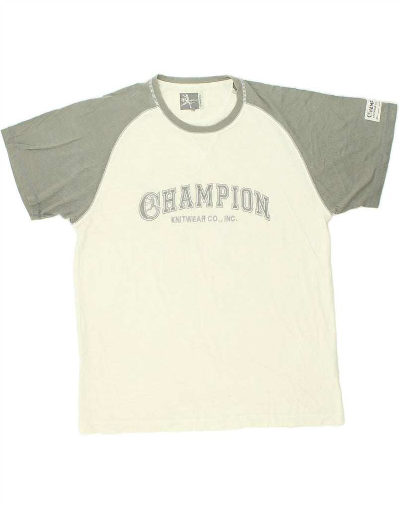 CHAMPION Mens Graphic T-Shirt Top 2XL Beige Colourblock Cotton | Vintage Champion | Thrift | Second-Hand Champion | Used Clothing | Messina Hembry 