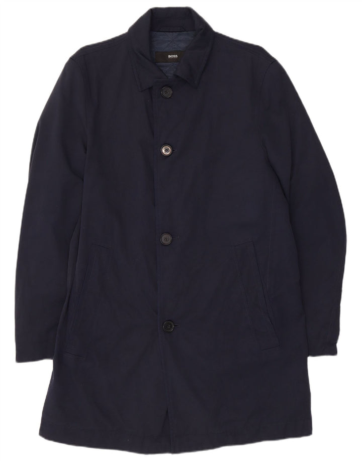 Hugo Boss Mens Overcoat EU 46 Small Navy Blue Polyamide