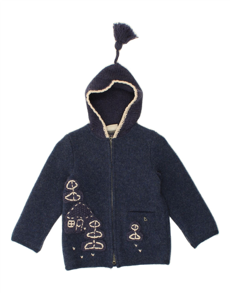 VINTAGE Girls Graphic Hooded Bomber Jacket 6-7 Years Navy Blue Wool Vintage Vintage and Second-Hand Vintage from Messina Hembry 