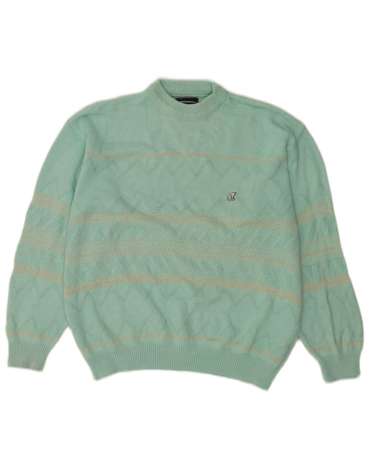 NORTH POLE Mens Crew Neck Jumper Sweater Large Turquoise Striped Cotton
