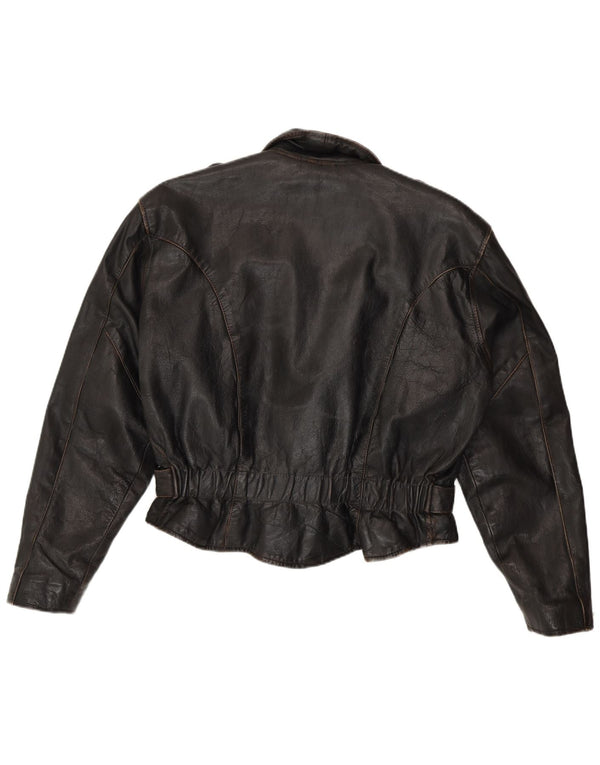 Vintage Womens Leather Oversized Biker Jacket UK 10 Small Brown Leather