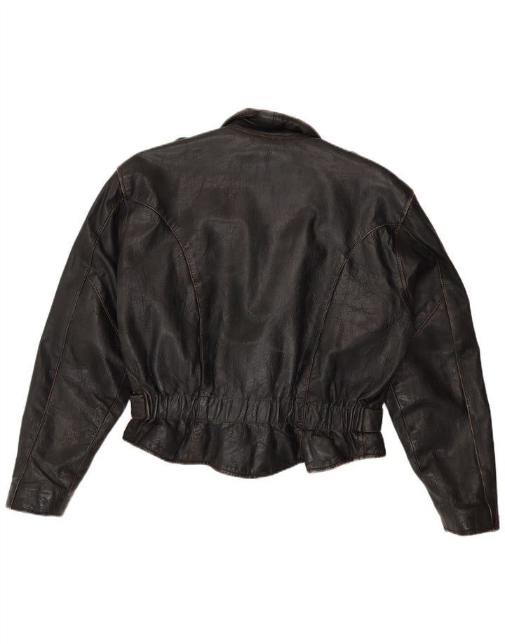 Vintage Womens Leather Oversized Biker Jacket UK 10 Small Brown Leather