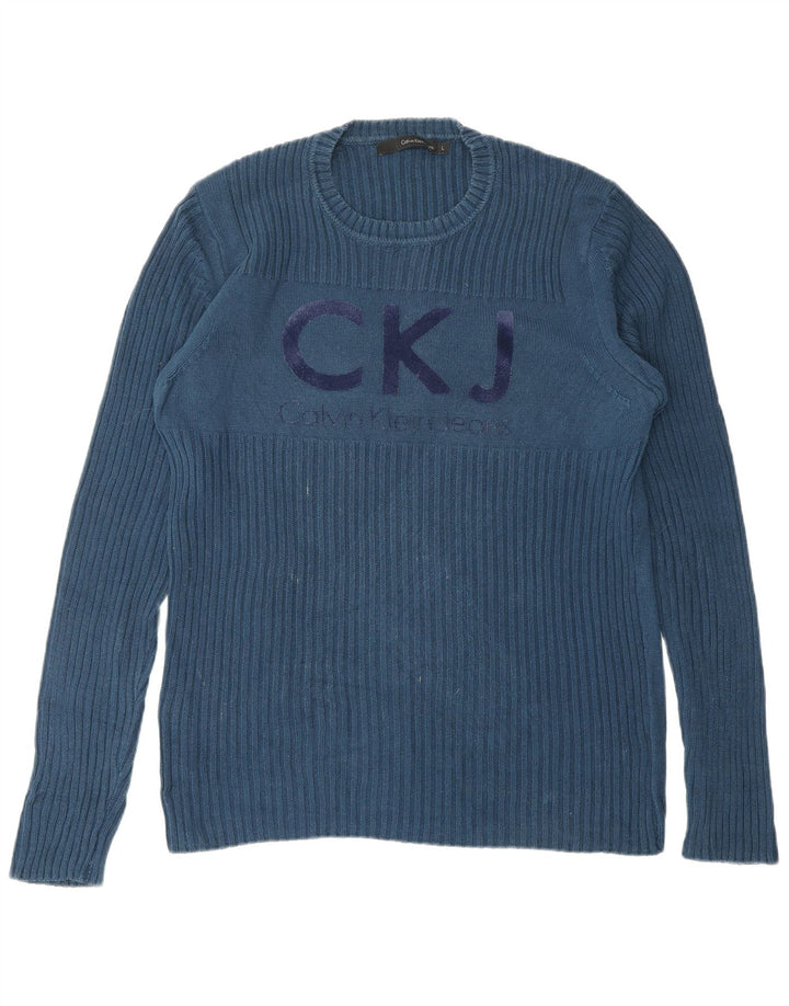 CALVIN KLEIN JEANS Mens Graphic Crew Neck Jumper Sweater Large Blue