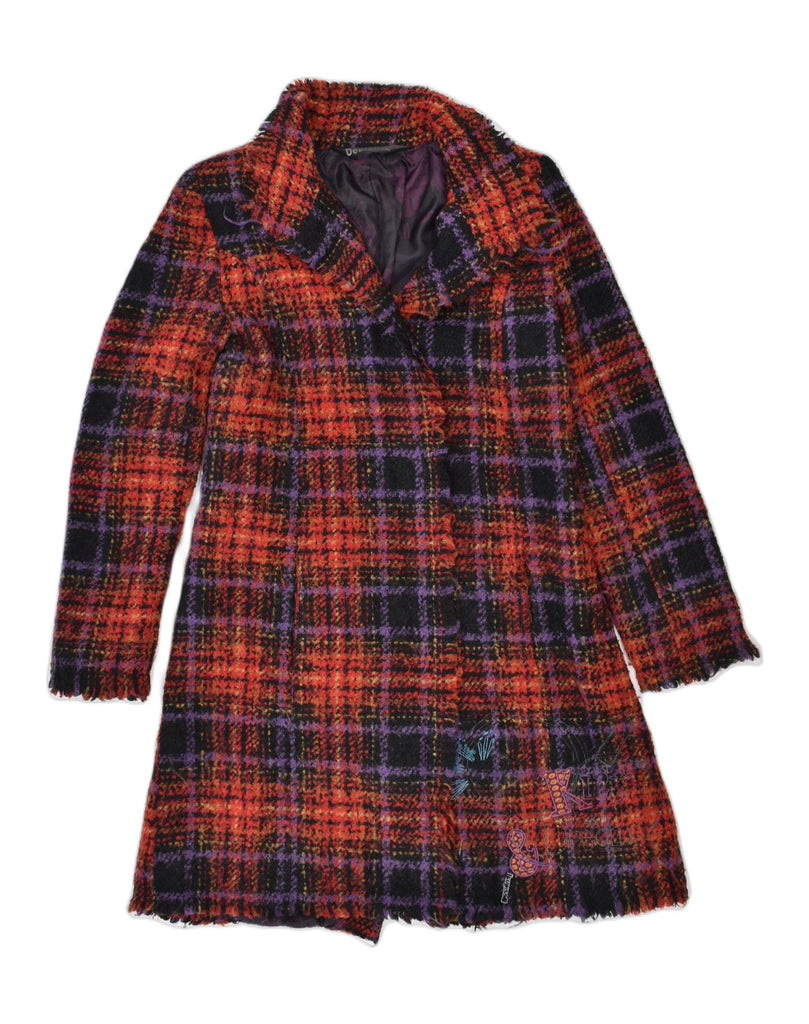 DESIGUAL Womens Overcoat IT40 Small Multicoloured Check Polyester | Vintage | Thrift | Second-Hand | Used Clothing | Messina Hembry 