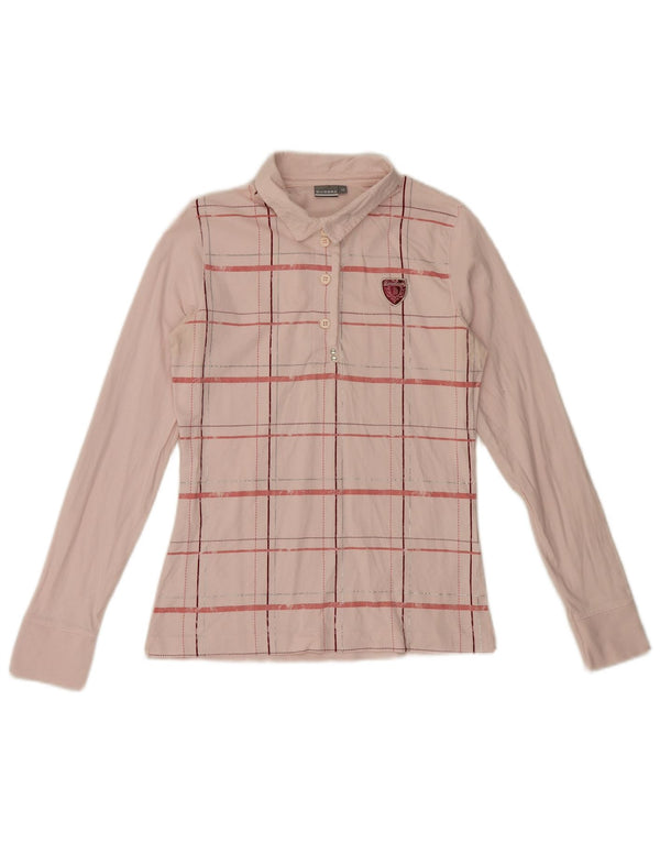 Diadora Womens Long Sleeve Polo Shirt UK 12 Medium Pink Check Cotton