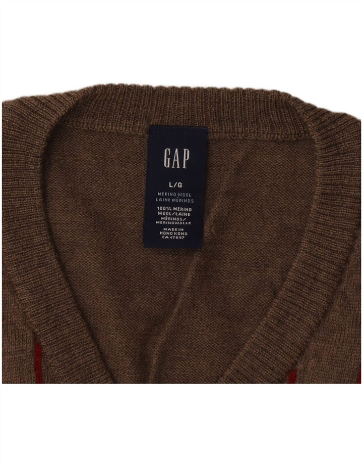 Gap Mens V-Neck Jumper Sweater Large Grey Striped Merino Wool