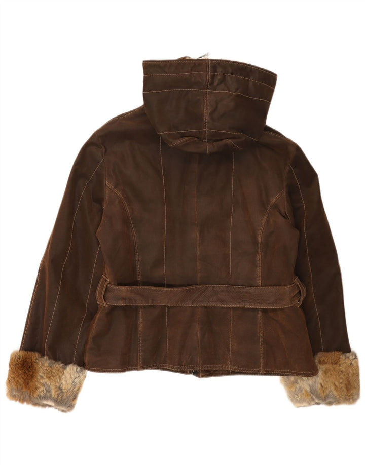 Vintage Womens Hooded Leather Jacket IT 48 XL Brown Leather