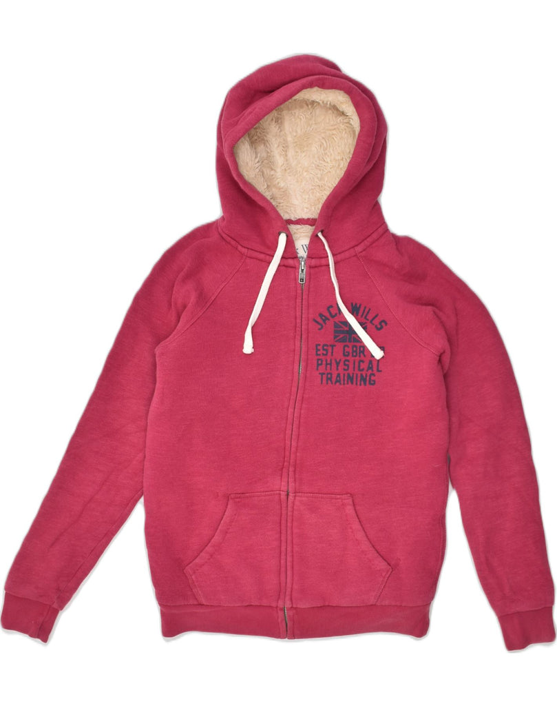 JACK WILLS Womens Sherpa Graphic Zip Hoodie Sweater UK 10 Small  Pink | Vintage Jack Wills | Thrift | Second-Hand Jack Wills | Used Clothing | Messina Hembry 