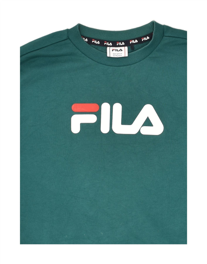 FILA Boys Graphic Sweatshirt Jumper 13-14 Years Green Cotton | Vintage Fila | Thrift | Second-Hand Fila | Used Clothing | Messina Hembry 